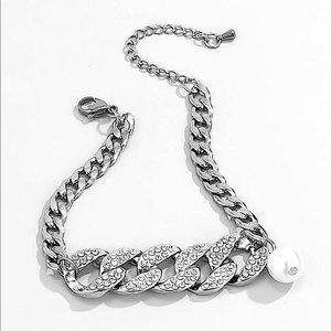 SILVER RHINESTONE PEARL DROP BRACELET